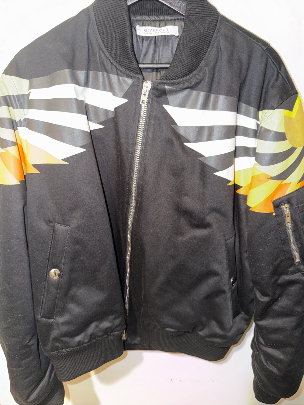 Givenchy Black Bomber Jacket with Yellow and Orange Wing Graphics